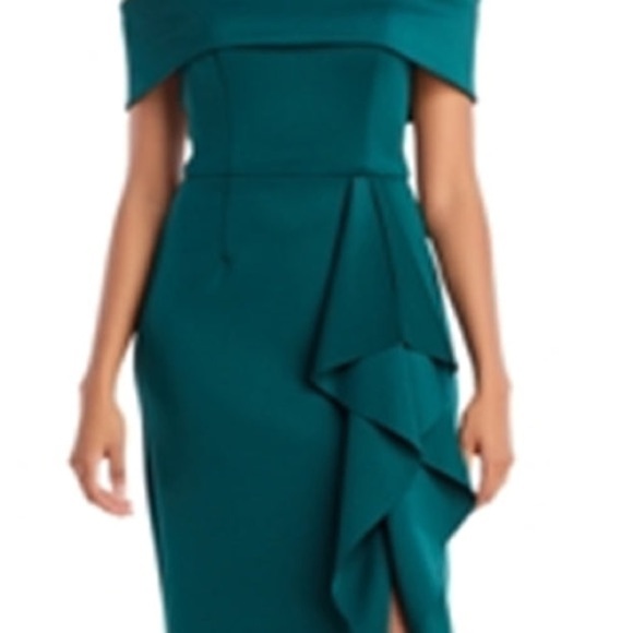 -AQUA WOMEN'S OFF THE SHOULDER CASCADE GOWN HUNTER GREEN SIZE 4 - Picture 4 of 10